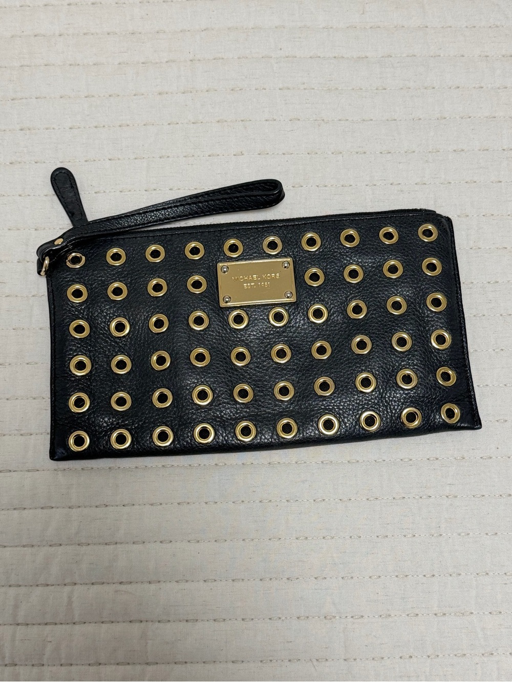 Michael Kors Black Leather Wristlet with Gold Grommet Accents